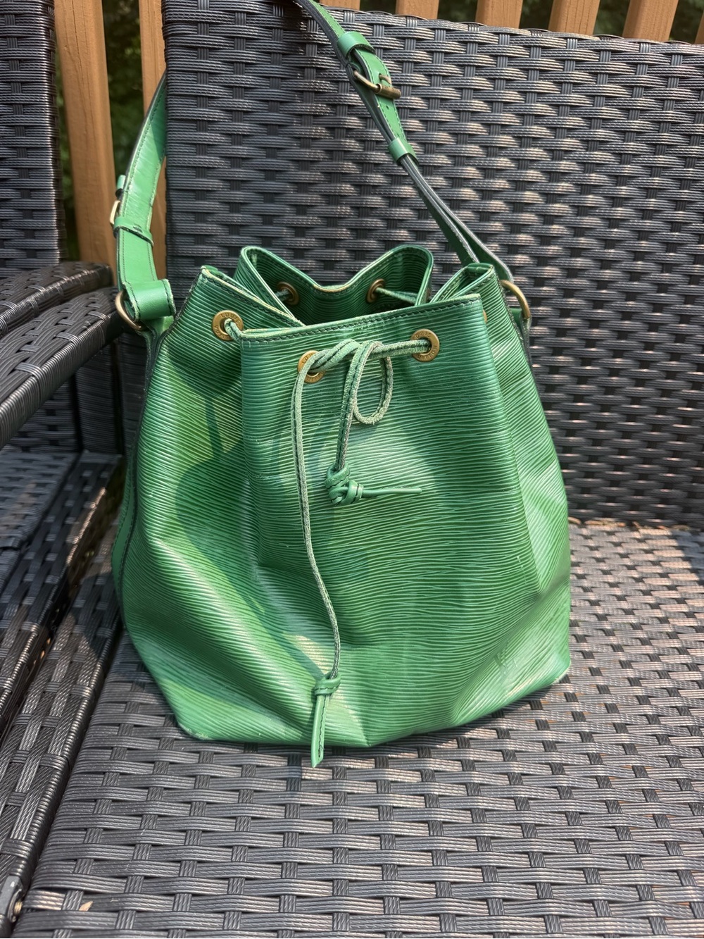 Louis Vuitton Noe green epi drawstring bucket bag
